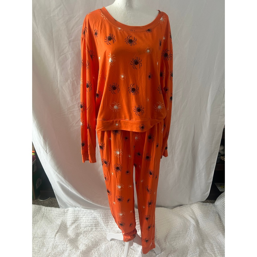Vine and Valley Orange Spider Print Pajama Set Halloween Loungewear 1X NWT